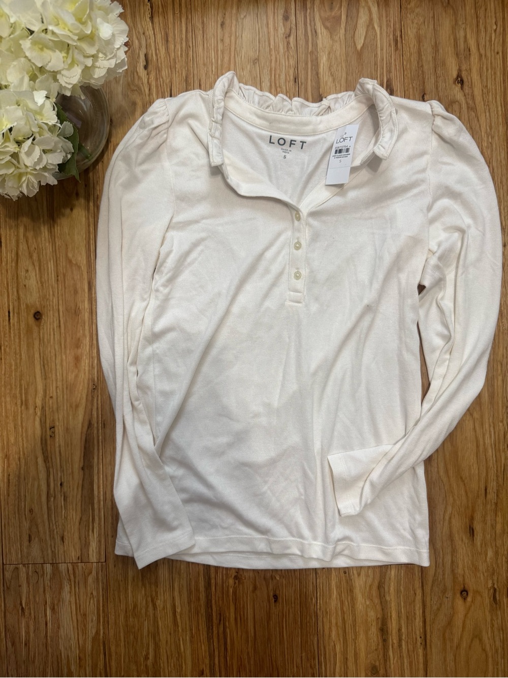 LOFT White Long-Sleeve Ruffle Collar Henley